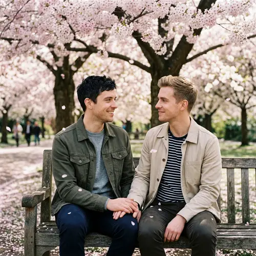Romantic Scene in a Park: Black Hair Blue Eyes with Blonde Hair Green Eyes