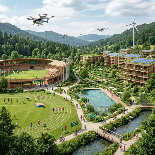 Sustainable Olympic Village in Forest Setting | Wooden Stadium, Natural Pool, Green Living