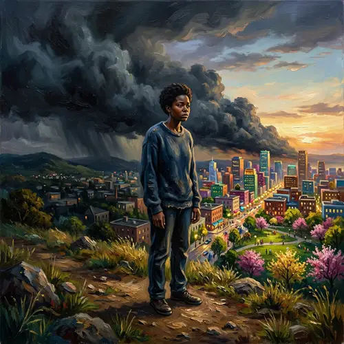Luminous Dreamscape: Oil Painting of Alone African Descendant in Vibrant City