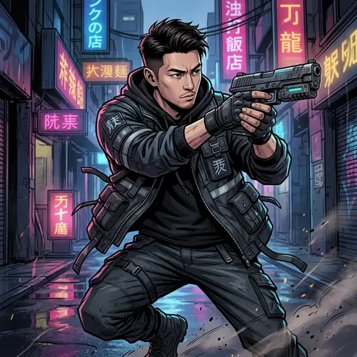 Ultra-Detailed 2D Game Art of Manga-Inspired Man Holding Gun