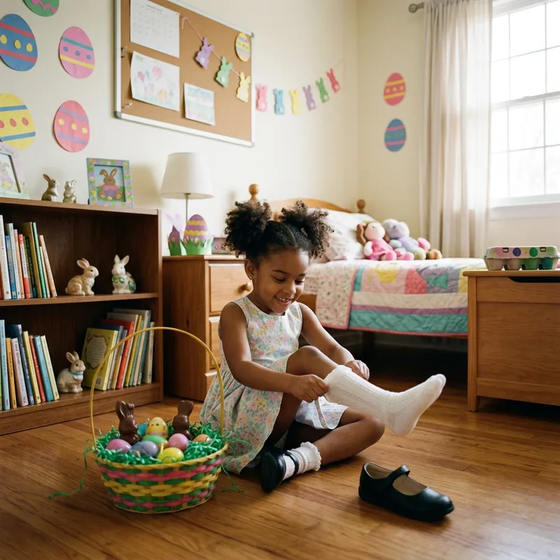 6-Year-Old African Schoolgirl Removes Easter Bow Socks in Cozy Bedroom