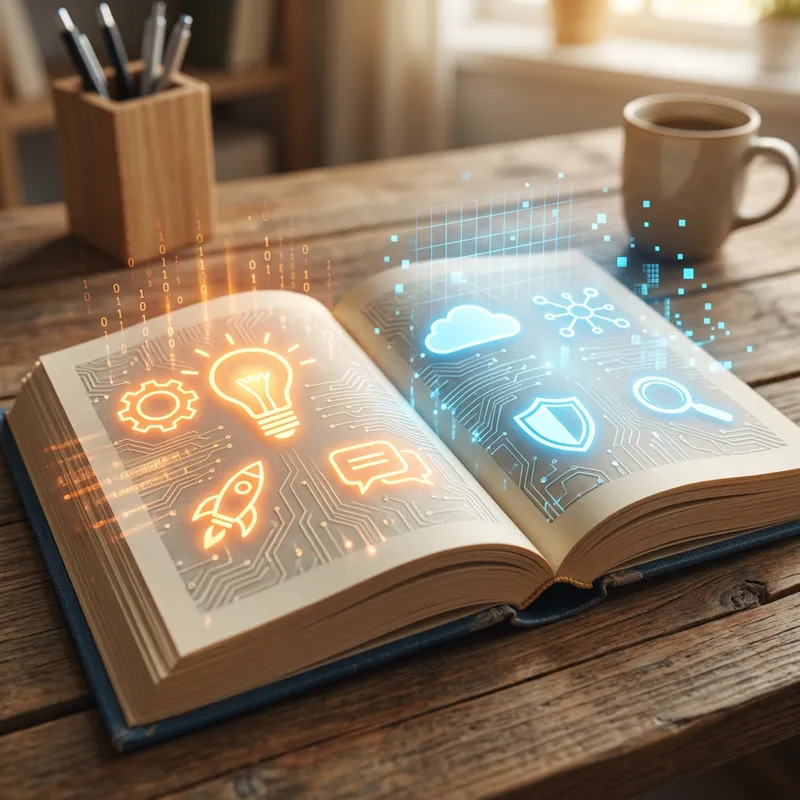 Open Book with Digital Icons in Orange and Blue