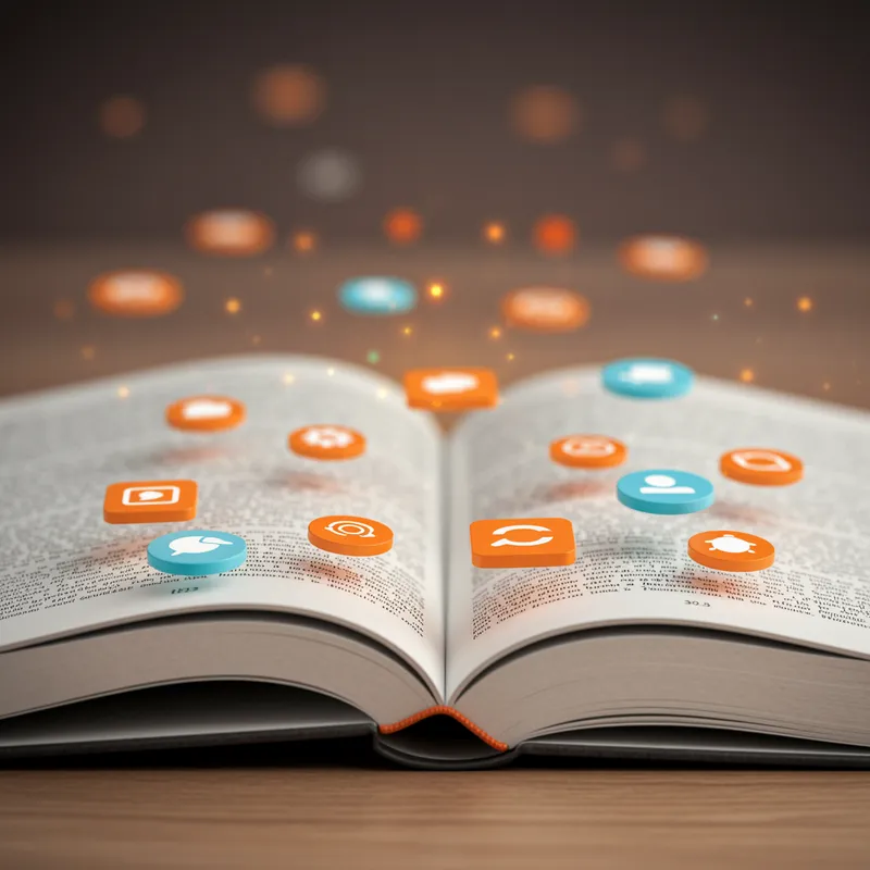 Open Book with Digital Icons in Orange and Blue