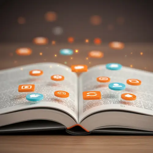Open Book with Digital Icons in Orange and Blue