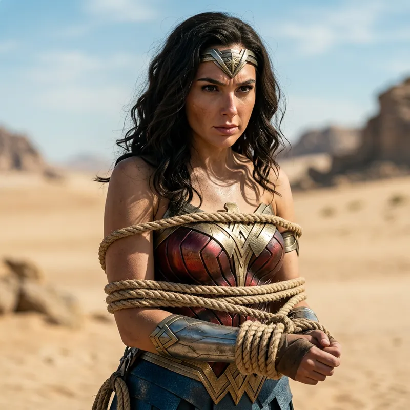 Wonder Woman Tied in Ropes in the Desert