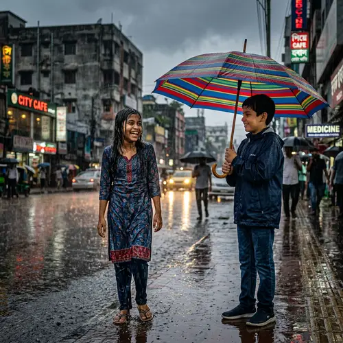 Rainy Day Cityscape: Multicultural Umbrella Scene