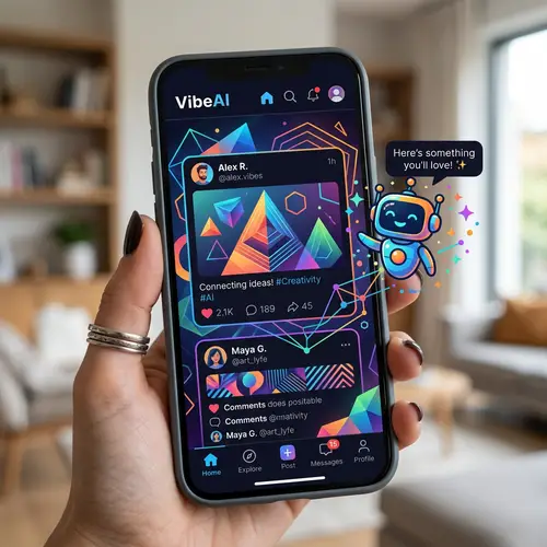 AI Smartphone App with Robot Icon and Colorful Geometric Designs
