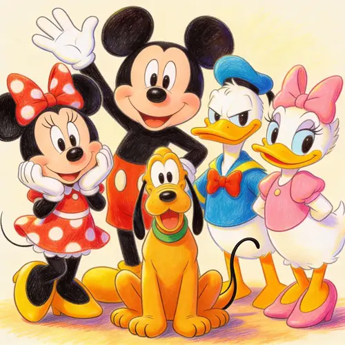 Hand-Drawn Cartoon Image of Mickey and Friends