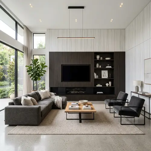 Sleek & Modern Interior Design with Brown Wood and White Accents