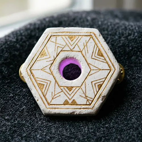 Elegant Hexagonal White Ceramic Pin with Gold Lines