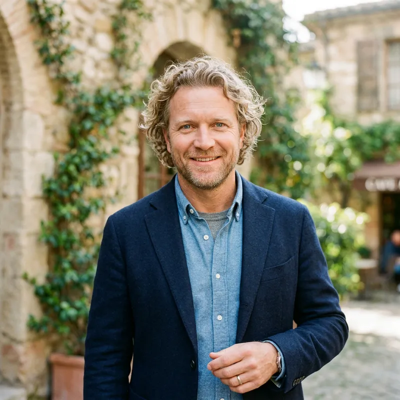 Handsome Blonde Man with Clear Eyes and Curly Hair - Around 50 Years Old