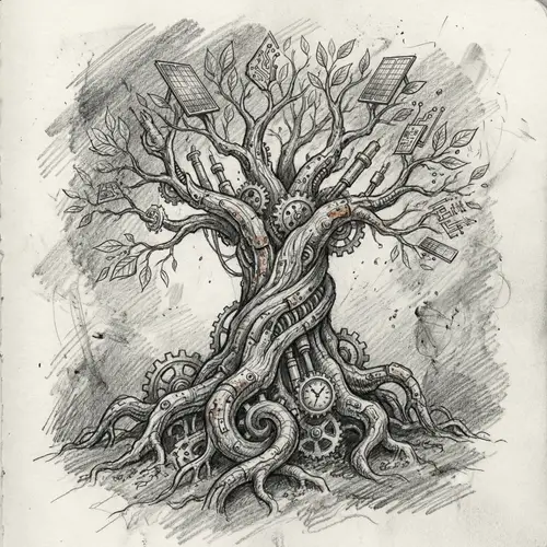 Biomechanical Tree: Connecting Nature with Machinery | Pencil Drawing Style