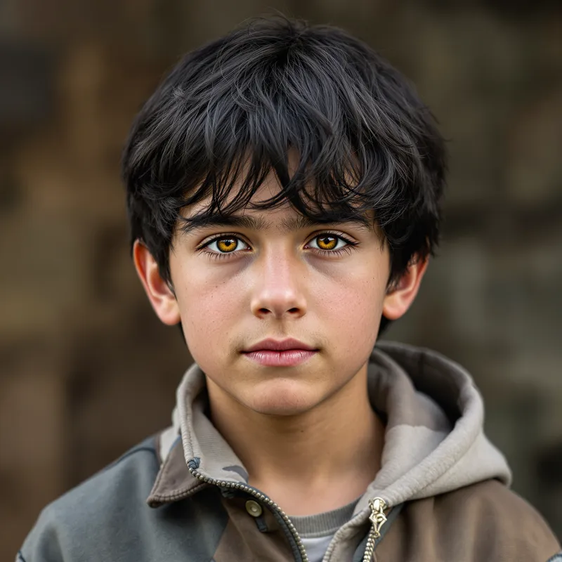 11-Year-Old Boy with Amber Eyes in Casual Style