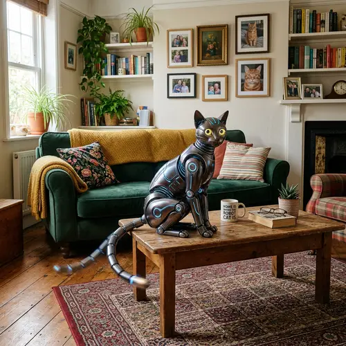 Robot Cat Living Room Scene: Futuristic Contrasts