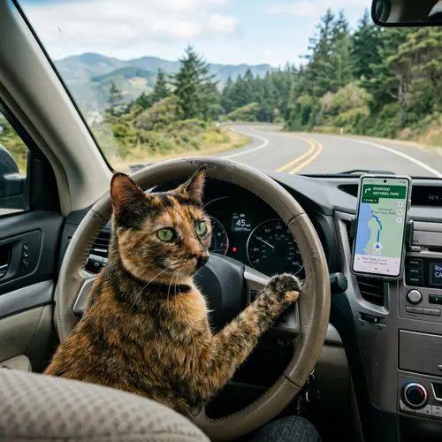 Colorful Tortoiseshell Cat Driving Car | GPS Adventure