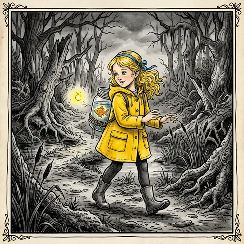 11-Year-Old Girl in Monochrome Swamp with Fish Jar and Yellow Light