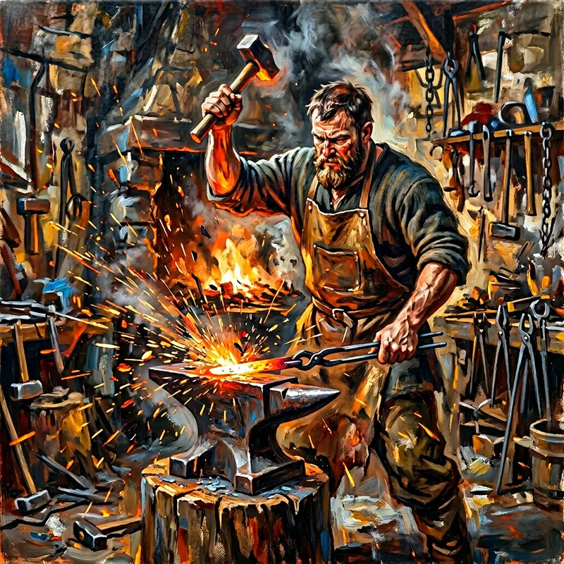 Medieval Blacksmith Crafting Metal: An Energetic Scene Medieval Blacksmith Crafting Metal: An Energetic Scene