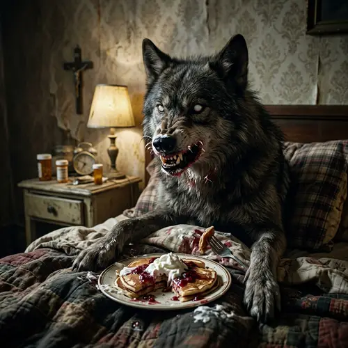 Possessed Wolf Eating Pancakes - Horror Art