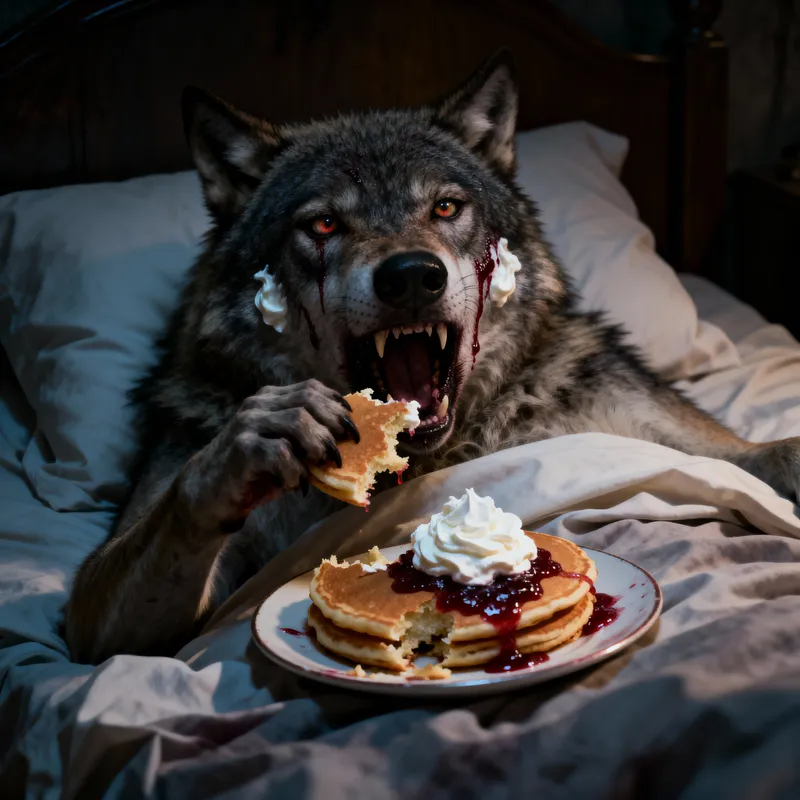 Possessed Wolf Eating Pancakes - Horror Art