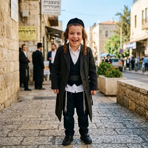 Joyful Hasidic Boy in Traditional Attire