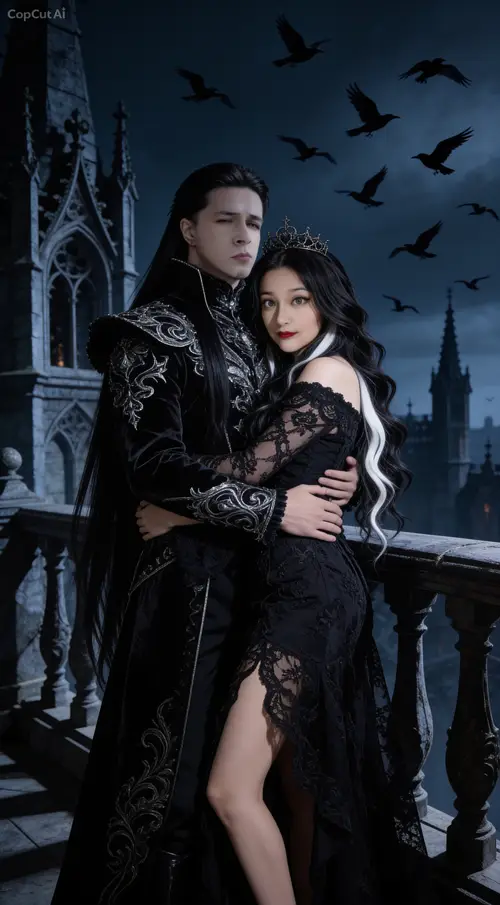 Dark Fantasy Castle Balcony with Embrace and Ravens