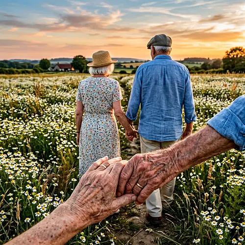 Realistic Grandparents Walking in Chamomile Field | Tranquil Summer Scene
