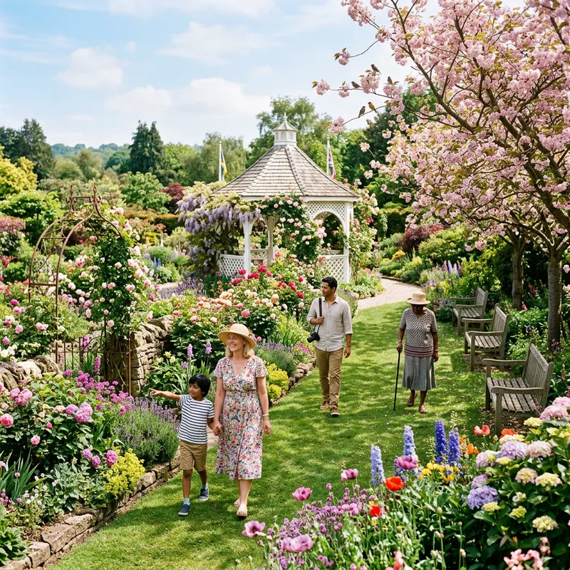 Serene Garden Retreat: Lush Greenery & Cherry Blossoms