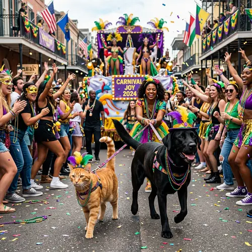 Colorful Carnival Scene with Labrador Retriever and Tabby Cat