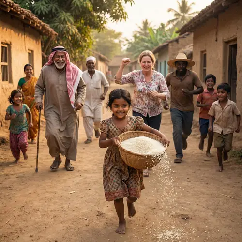 Global Community Scene: Young South Asian Girl Running with Basket of Rice