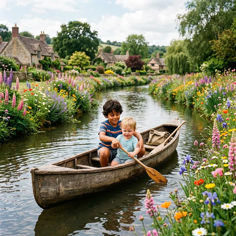 Child Paddling Toddler by Flower River: Summer Fun Scene Child Paddling Toddler by Flower River: Summer Fun Scene