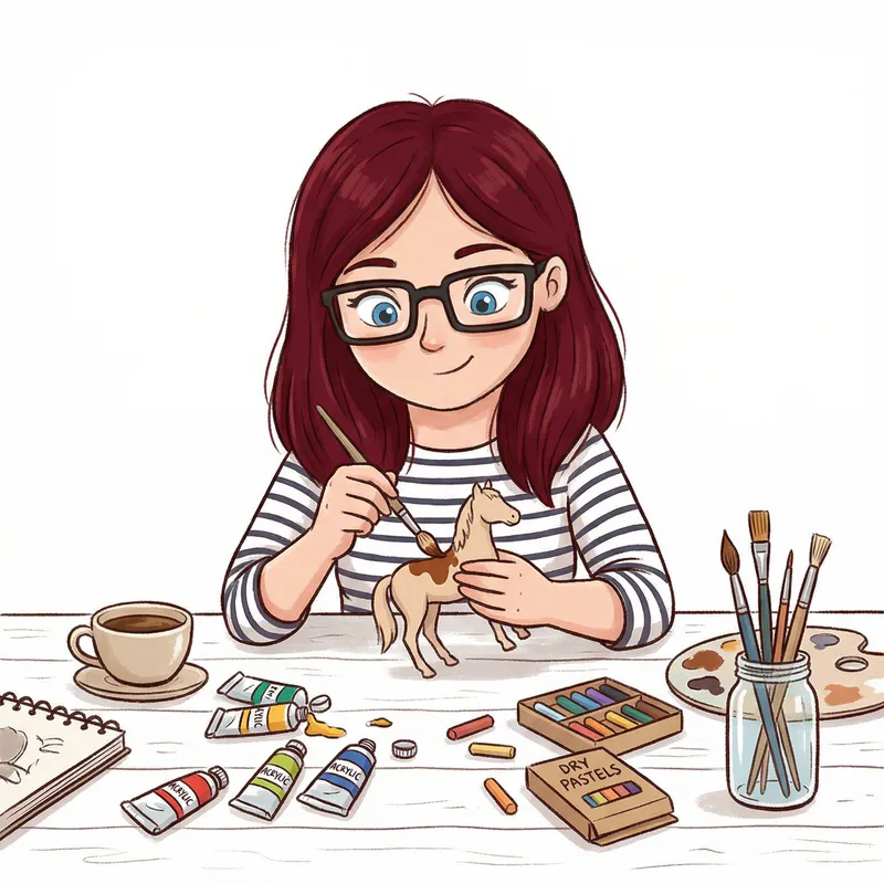 Dark Red-Haired Woman Painting Horse Figurine | Art Supplies
