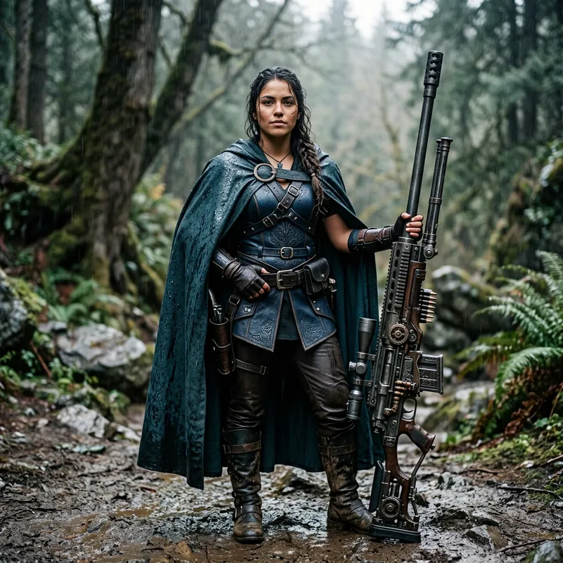 Girl in Dark Blue Leather Armor with Huge Rifle