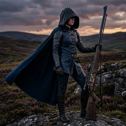 Caucasian Teenage Girl in Dark Blue Leather Armor with Massive Rifle