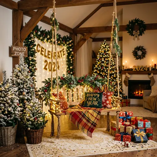 Festive Photo Zone: Cozy Home Setting with Sparkling Fairy Lights