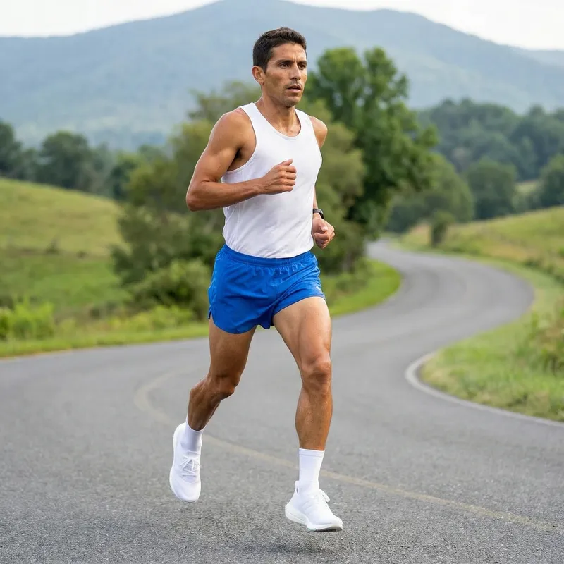 Determined Hispanic Man Running Outdoors