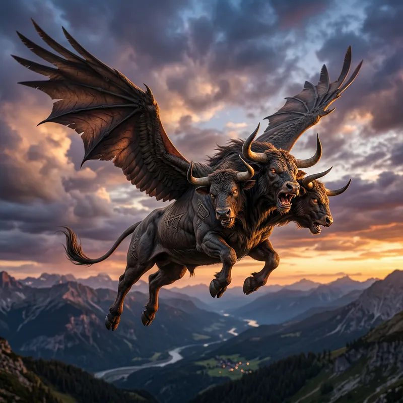 Three-Headed Flying Bull - Mythical Creature Unleashed