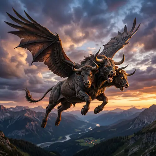Three-Headed Flying Bull - Mythical Creature Unleashed