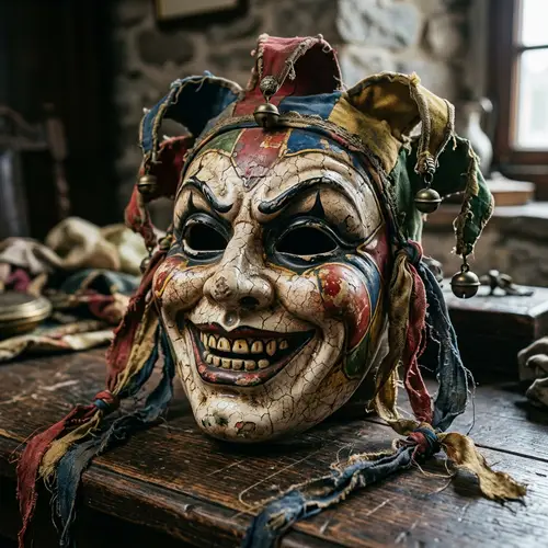Intricately Designed Joker's Mask in Red, Blue, Yellow, and Green
