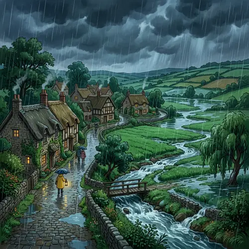 Rural Village Rainstorm Scene | Tranquil Countryside Illustration