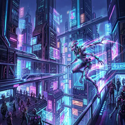 Cyberpunk Alien in Futuristic Metropolis - Digital Painting