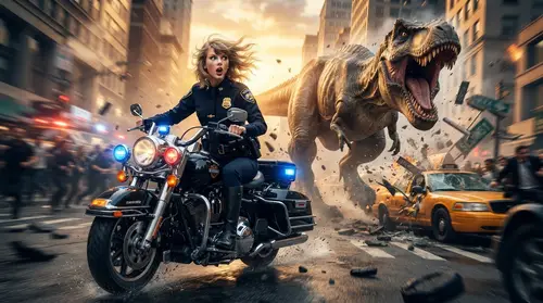 Action-Packed Chase: Taylor Swift & T-Rex Showdown