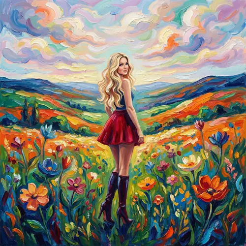 Enchanting Blonde Woman in Vibrant Flower Field - Majestic Beauty