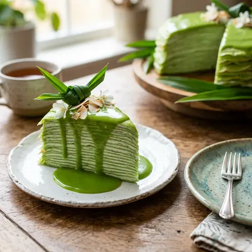 Delicious Pandan Crepe Cake with Coconut Sauce