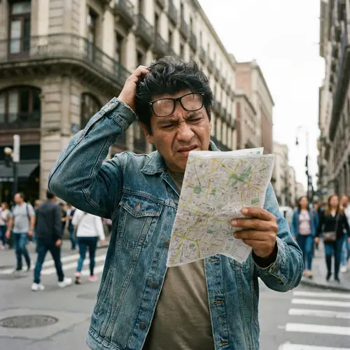 Confused Hispanic Person Holding Map - Deciphering Details