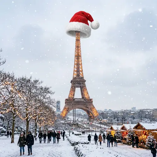 Eiffel Tower with Festive Christmas Hat - Winter Holiday Scene