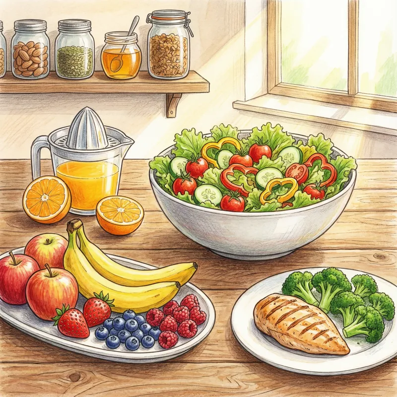 Healthy Foods: Salad, Fruits, Chicken & Juicer