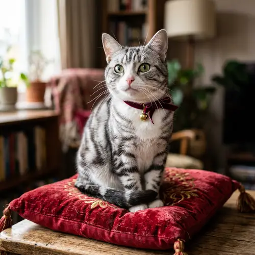 Luxurious Grey and White Striped Domestic Feline on Red Cushion