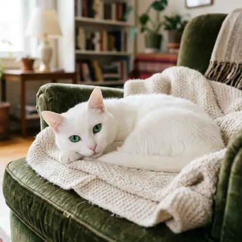 Detailed Image of Short-Haired White Cat in Cozy Chair
