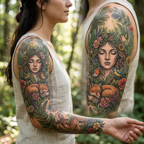 Nature-Themed Arm Tattoo for Women with Animals, Flowers, and Tranquil Visage