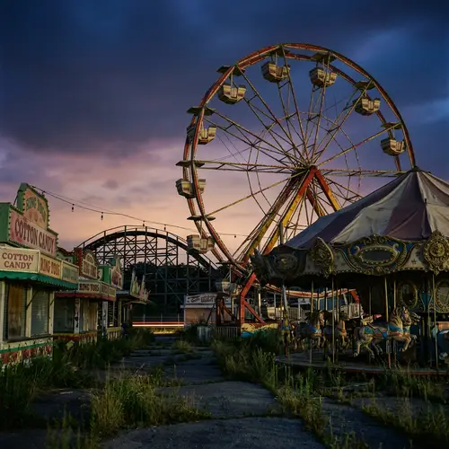 Deserted Amusement Park at Dusk: Eerie and Nostalgic Scene